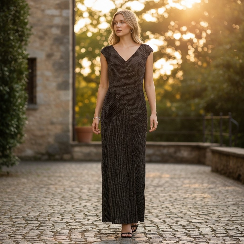 Alex Evenings Maxi Dress Womens Black Gold Excellent Metallic Chevron Gown
